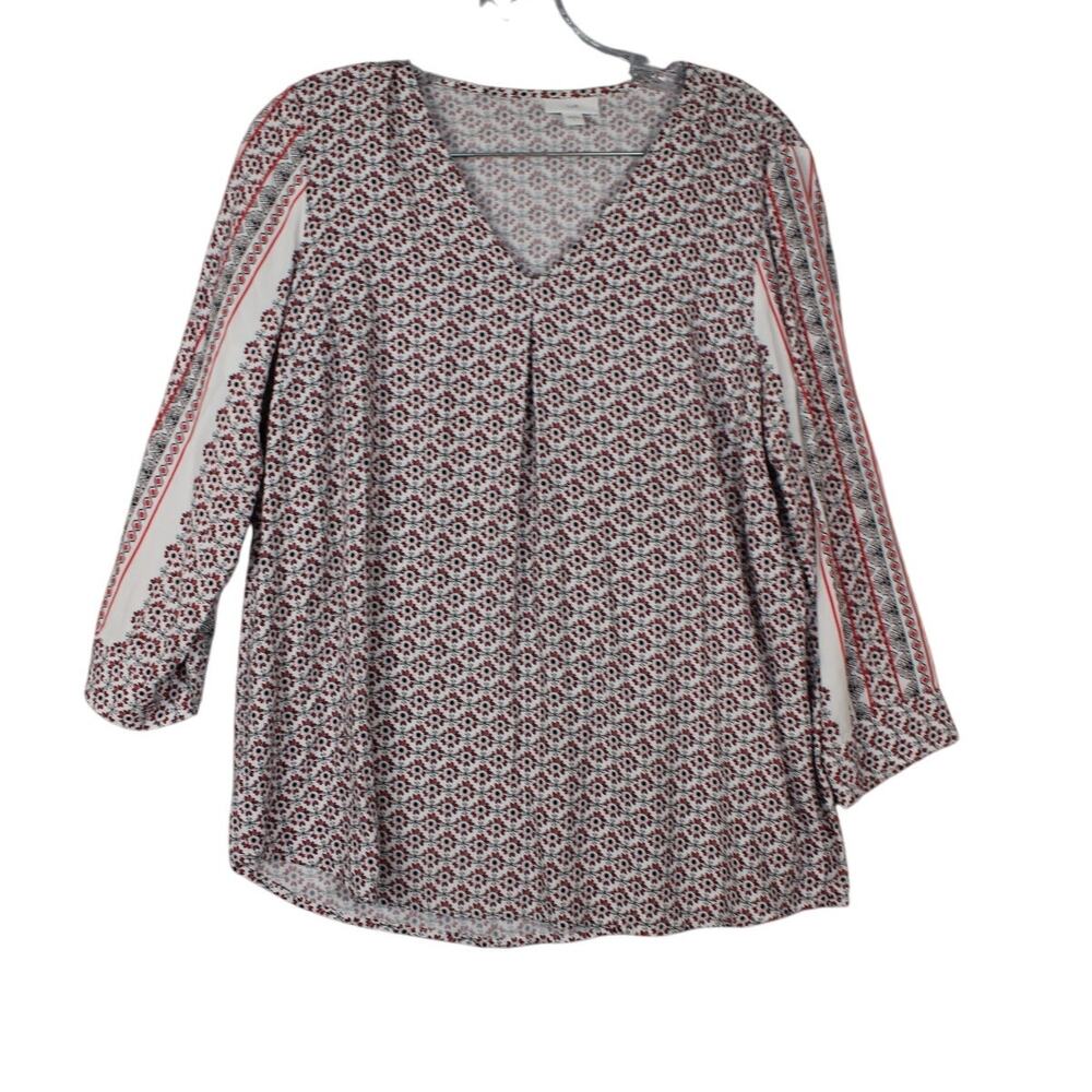 J. Jill Blouse Women's Small White Red Rayon Floral 3/4 Sleeve Pullover